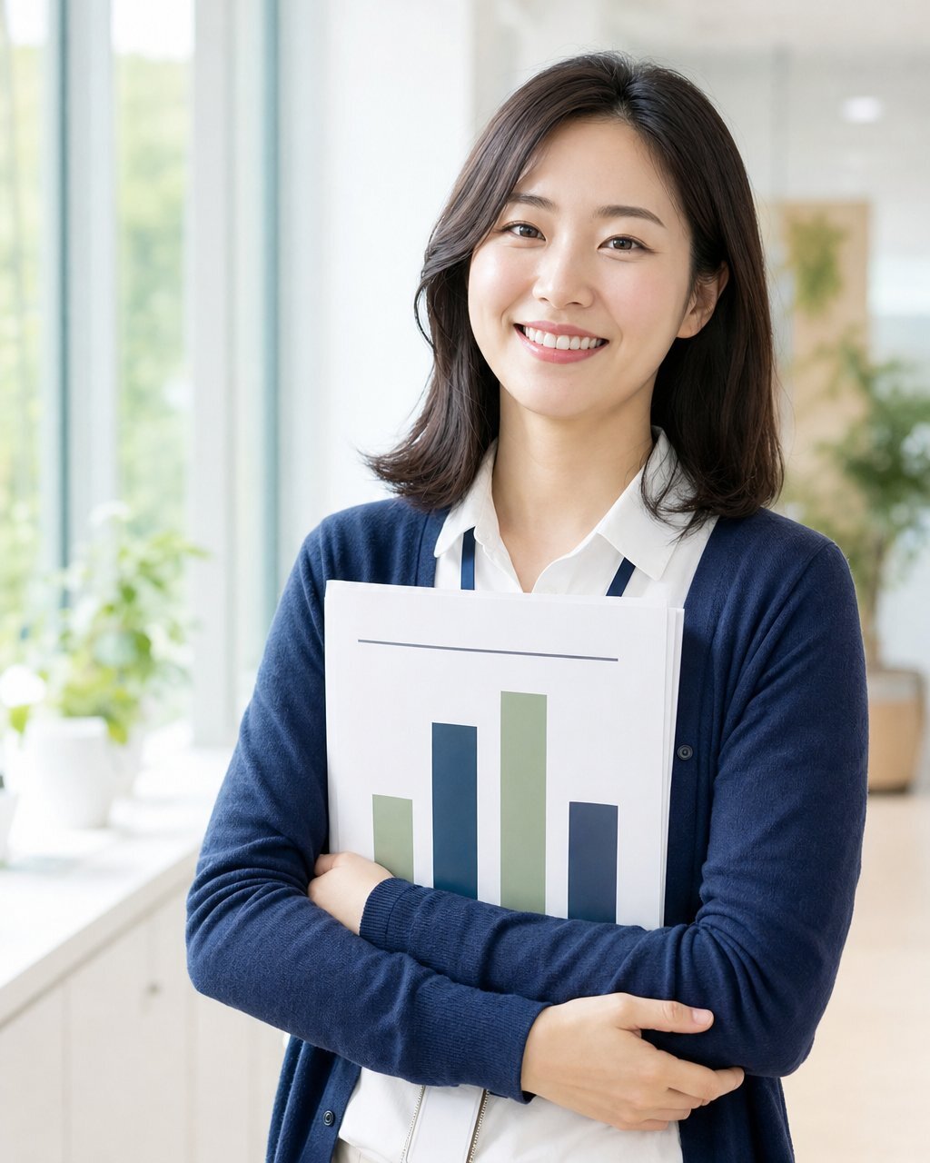 밝은 사무실에서 결과 보고서를 품에 안고 웃는 사업장 보건관리자 (연출 이미지)